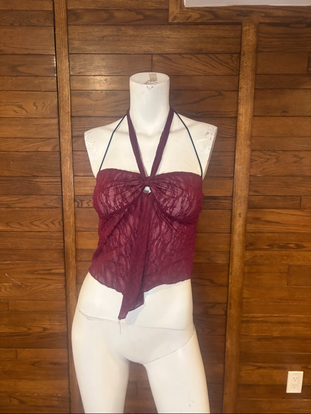 Source Unknown Wine Lace Halter Crop Top
